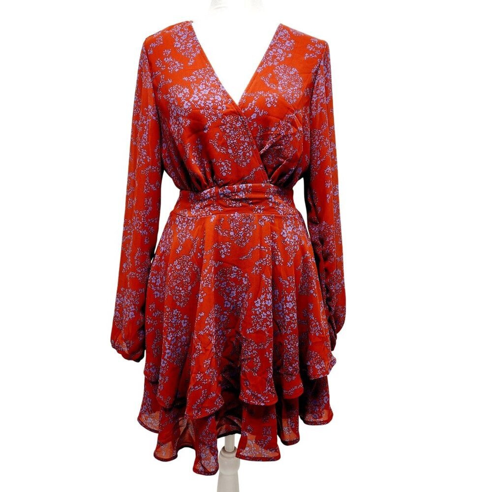 Red Floral Ruffle Hem Wrap Dress  Long Sleeves & Tie Waist By Dokotoo Size S